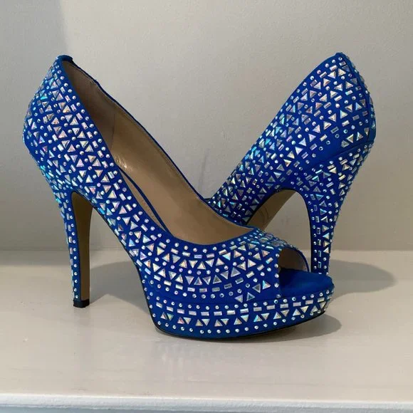 ENZO ANGIOLINI size 8 blue fun embellished platform peep toe heel - Picture 3 of 11